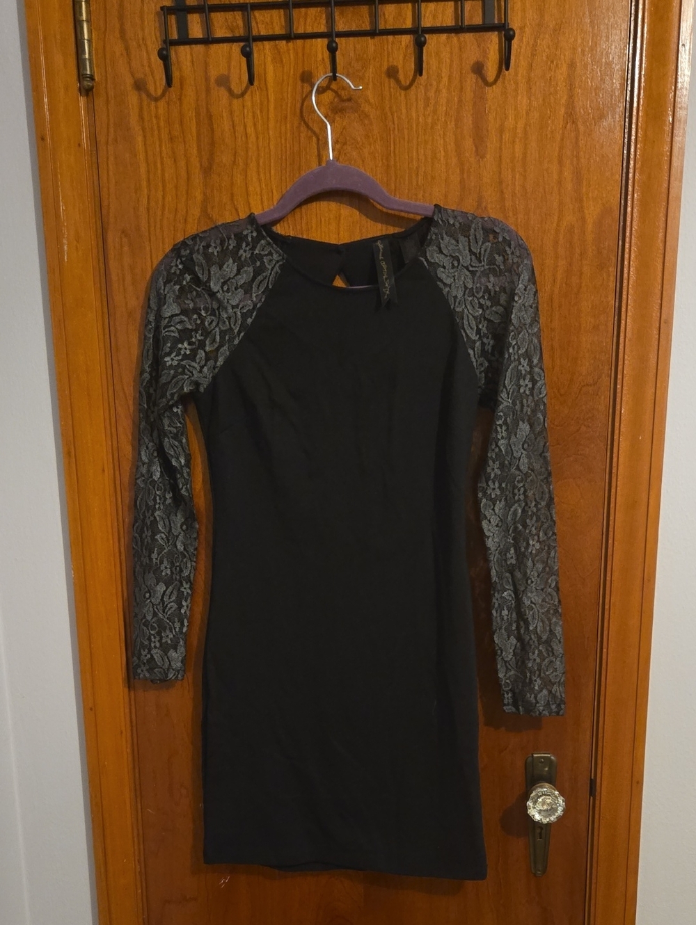 Petticoat Alley Black Dress with Lace-Patterned Gray Sleeves